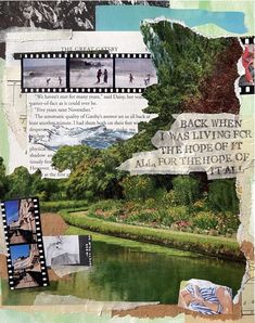 an altered collage with pictures and words on it's side, including people walking along the river