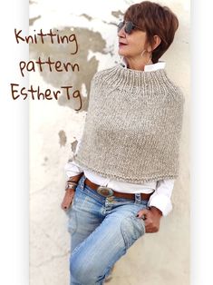 a woman wearing a sweater and jeans with the words knitting pattern esthertag on it