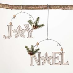 two metal ornaments hanging from a tree branch with the word joy noel written in it