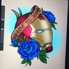 a drawing of a helmet with roses and ribbon on it that says love you so