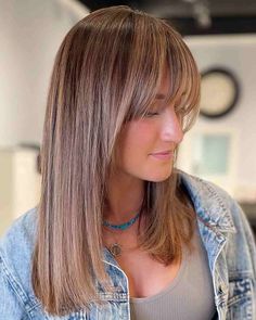 48 Trendy Wispy Bangs for 2024 & How to Match to Your Face Shape Mid Length Hair With Bangs Straight, Long Bob With Wispy Bangs, Bangs For 50 Year Old Women, Bangs For Older Women With Long Hair, Wispy Bangs Round Face, Bangs For Older Women, Med Hair, Neutral Blonde