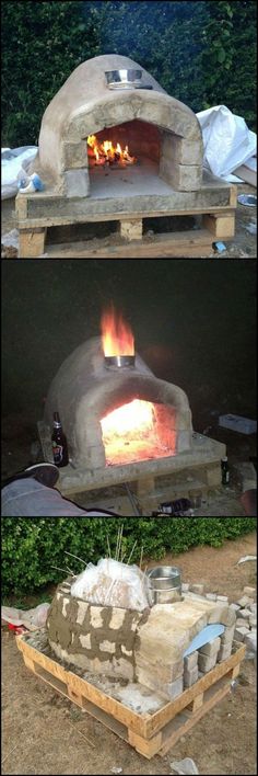 an outdoor pizza oven is shown in two different stages