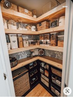 an open pantry with baskets and other items