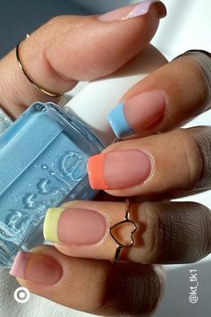 Cheer up spring nails with colorful French tips on beige. It’s an easy, no-tools nail idea you can try for prom or your summer vacay. Teen Nails, Summer Gel Nails, Spring Acrylic Nails, Cute Simple Nails, Simple Gel Nails, French Tip Acrylic Nails, Short Square Acrylic Nails, Nail Idea