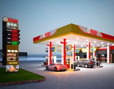 an artist's rendering of a gas station with two cars parked at the pump