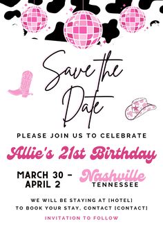 save the date party flyer with disco balls and hats on it, in pink and black