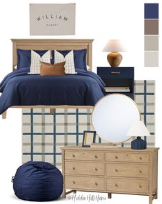 a bedroom is shown with blue and white decor, including a bed, dresser, nightstand,