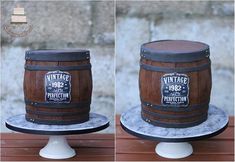 two photos of a cake made to look like a barrel