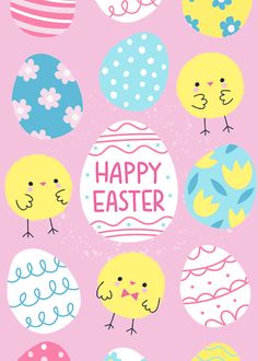 an easter card with colorful eggs and chicks on pink background, the words happy easter written in