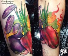 two colorful tattoos on the legs of people with vegetables and fire coming out of them