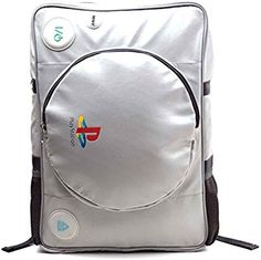 the back side of a white backpack with a rainbow sticker on it's front pocket