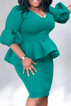 Fashion Plus Size Ruffled Green Hip Dress – rodressonline Long Sleeve Pencil Dress, Corporate Dress, Short African Dresses, Plus Size Bodycon, Short Gowns, Scuba Dress, Plain Dress, Classy Dress Outfits, African Print Fashion Dresses