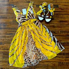 Both Items Are Brand New And Have Never Been Worn. The Dress Is Size Small And The Shoes Are Size 7. Trendy Yellow Beach Sundress, Casual Yellow Printed Sundress, Trendy Yellow Mini Dress For Vacation, Leopard Print Summer Vacation Dresses, Summer Vacation Leopard Print Dresses, Trendy Yellow Spaghetti Strap Dress, Yellow Printed Dress With Spaghetti Straps, Yellow Printed Sundress Mini Dress, Fitted Yellow Mini Dress For Beach Season