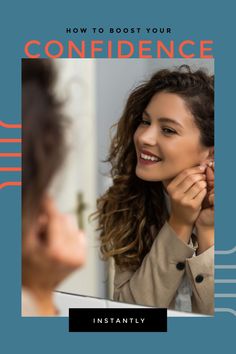 a woman looking in the mirror with her hand on her ear and smiling at another person's face