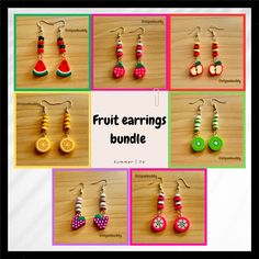 ❣️ I do both clip on and hook earrings❣️ These fruit earrings comes in 7 different kinds of fruit variations: grape 🍇, apple 🍎, watermelon 🍉, lemon 🍋, kiwi 🥝, pomegranate, and strawberry🍓. Which is your favorite fruit? :) Different Kinds Of Fruits, Grape Apple, Fruit Earrings, Earring Bundle, Earrings Diy, Diy Earrings, Hook Earrings, Kiwi, Pomegranate