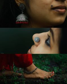 two different pictures of a woman's feet with jewelry on them