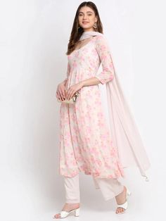 Georgette Off White & Pink Printed Anarkali Suit with Dupatta | Festive wear kurta sets | 32 / Ships in 2-3 Weeks | Unstitched Pink Georgette Kurta, Pink Floral Print Palazzo Set For Eid, Festive Pink Floral Print Palazzo Set, Pink Anarkali Palazzo Set With Floral Print, Wedding Salwar Kameez For Spring In Maxi Length, Pink Fitted Georgette Kurta, Spring Wedding Salwar Kameez Maxi Length, Elegant Pink Palazzo Set For Spring, Pink Floral Print Palazzo Set With Straight Kurta