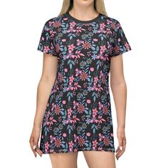 This All-Over-Print T-Shirt Dress is tagless, custom cut and sewn to match every style. This fun unique print makes this t-shirt dress a great addition to any wardrobe. .: 100% Polyester.: White thread color.: Light fabric (6.0 oz/yd² (170 g/m.: Tagless.: Runs true to size.: Assembled in the USA from globally sourced parts Fitted Cotton T-shirt Dress With Crew Neck, Cotton Graphic Print T-shirt Dress With Short Sleeves, Cotton Graphic T-shirt Dress With Short Sleeves, Cotton Graphic Print Short Sleeve T-shirt Dress, Cotton Mini Dress With Printed Short Sleeves, Relaxed Fit Short Sleeve Graphic T-shirt Dress, Fitted Floral Print Dress With Crew Neck, Black All-over Print Summer Dress, Multicolor Graphic Print Crew Neck Dress