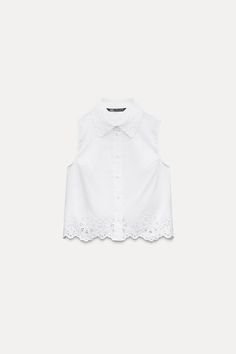 EMBROIDERED EYELET CROPPED SHIRT - White | ZARA United States Summer Top With Floral Embroidery And Spread Collar, Summer Floral Embroidered Top With Spread Collar, Summer Top With Collar And Placket, Embroidered Collared Tops For Work, Summer Embroidered Collared Tops, White Collared Shirt With Lace Collar, White Shirt With Lace Collar, Summer Embroidered Shirt With Collared Neckline, Embroidered Summer Blouse With Collared Neckline