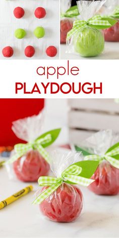 apple playdoughs in plastic bags with green and red candies on them