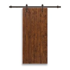 a wooden sliding door with metal hardware on the top and bottom bars in dark brown