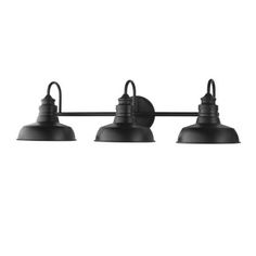 three light vanity fixture with black metal finish and an adjustable arm, on a white background