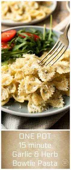 one pot garlic and herb bowtie pasta with spinach on the side is shown