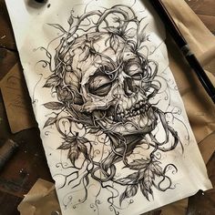 Innovative Shrunken Head Tattoo Layouts Sketched Tattoo Design, Gothic Tattoos For Women, Creepy Cute Tattoo, Tattoo Portfolio Ideas, Shrunken Head Tattoo, Skull Flower Tattoo, Skull Rose Tattoos, Armband Tattoos, Shrunken Head