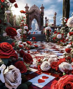 an artistic scene with roses and hearts on the ground