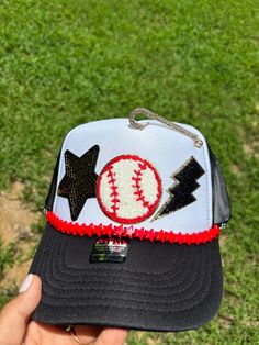 Snapback trucker hat. This hat is ready to be shipped! Side Kick, Baseball Trucker Hat, Trucker Cap, Softball, Caps Hats, Trucker Hat, Accessories Hats, Bathing Beauties, Accessory Gift