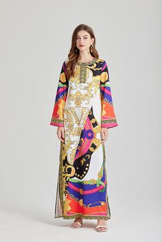 F00238145-203 Spring Maxi Dress For Costume Party, Graphic Print Maxi Dress For Party, Maxi Party Dress With Graphic Print, Graphic Print Maxi Party Dress, Spring Long Sleeve Maxi Dress For Costume Party, Bohemian Long Sleeve Dress For Costume Party, Multicolor Long Sleeve Dress For Costume Party, Multicolor Spring Costume Party Dress, Multicolor Floral Print Long Sleeve Kaftan