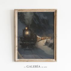 an oil painting of a train traveling through the snow