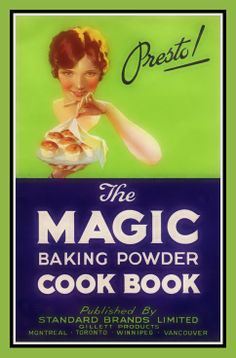 an advertisement for the magic baking powder cook book, with a woman holding a plate