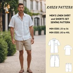 Men’s Shirt Sewing Pattern, Casual Summer Cotton Sewing Pattern, Men’s Clothes Sewing Patterns, Sewing Pattern Men, Linen Shirt And Shorts, Mens Shorts Pattern, Linen Shorts Men, Shorts Pattern Free, Mens Linen Shorts