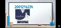 a poster with the words prom written in blue on it next to pens and pencils