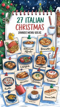 the italian christmas dinner menu is displayed in front of a christmas tree and snow covered background