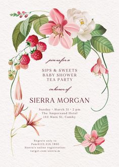 an elegant floral baby shower party with pink flowers and green leaves on the bottom corner