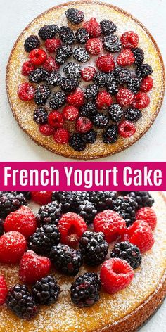 a cake with berries and powdered sugar on top is shown in three different photos