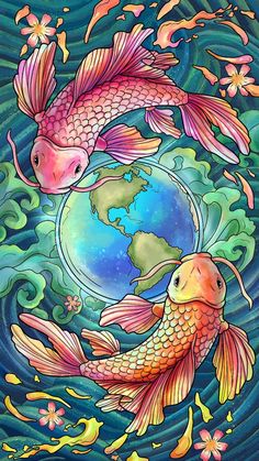 two goldfishs are swimming in the water and one is holding an earth globe