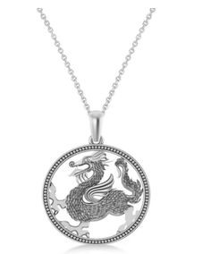 If you are looking for a unique and meaningful gift for yourself or a loved one who is a dragon, you can't go wrong with this stunning dragon charm pendant necklace from Allurez. This necklace features a 14k white gold dragon charm that is delicately crafted with fine details and a polished finish. The charm hangs from a 16-inch chain that secures with a spring ring clasp. The necklace is a perfect accessory to complement any outfit and express your personality. Symbolic White Gold Necklace For Formal Occasions, White Gold Symbolic Necklace For Formal Occasions, Symbolic Necklace With Large Pendant For Formal Occasions, Formal Symbolic Necklace With Large Pendant, Symbolic Round Necklace For Formal Occasions, Silver Symbolic Necklaces For Formal Occasions, Symbolic Formal Necklace With Large Pendant, Symbolic Silver Necklace For Formal Occasions, Silver Symbolic Necklace For Formal Occasions