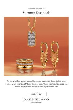 Summer Essentials. As the weather warms up and in-person events continue to increase, women want to show off their dressier side. These warm gold pieces can accent any summer adventure with glamorous flair.
NK6842-18Y45JJ,LR52203M45JJ,EG14475Y4JJJ Jewelry Essentials, Gold Piece, Summer Adventures, Rings Necklaces, Summer Season, Summer Essentials, Gold Diamond, Silver Gold, Diamond Earrings