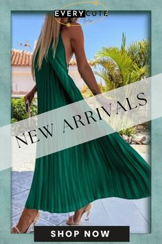 Breeze Slip Pleated Maxi Dress Non-stretch Pleated Maxi Dress For Summer, Chic Green Maxi Dress, Chic Non-stretch Green Maxi Dress, Vacation A-line Pleated Dress, Green Pleated Beach Dress, Green Pleated Dress For Summer, Spring Green Maxi Dress For Date Night, Pleated Maxi Dress For Spring And Summer, Green Maxi Dress For Date Night In Spring