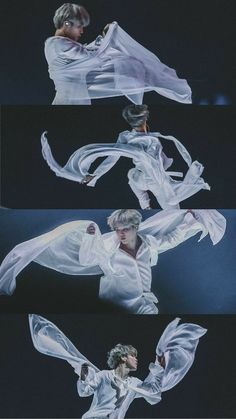 two pictures of the same person in white clothing, one is flying through the air