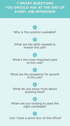 an info sheet with the words 7 smart questions you should ask at the end of every job interview