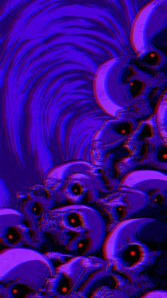 a bunch of skulls with red eyes are shown in this artistic photo, which appears to be blue and purple