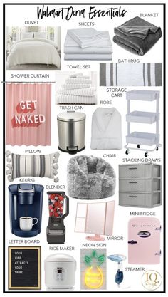 a collage of bedding and accessories with text that reads walmart dorm essentials