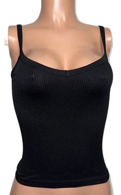 Classic Black V-neck Ribbed Seamless Fitted Basic Cami Top Y2K Casual Style Nwts Fitted Ribbed Camisole With Scoop Neck, Black Seamless Bodycon Top, Black Ribbed Sleeveless Bodysuit, Black Ribbed Scoop Neck Tank Top, Black Bodycon Scoop Neck Tank Top, Fitted Ribbed Tank Bodysuit, Fitted Solid Ribbed Tank Top, Casual Black Seamless Camisole, Fitted Black Tank Top With Seamless Design