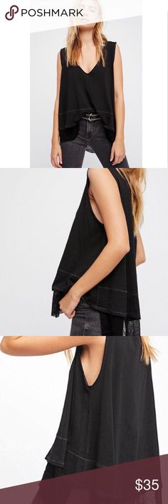 Free People Peachy Tee Tiered Frayed Hem Tank Top NWOT Free People Peachy Tee Tiered Frayed Hem Tank Top  -  Size: Small  Color: Black  Sleeveless tee with a deep v-neckline, relaxed fit, and tiered fabric along the hem. Soft, knit fabric with visible seams, raw cut edge detail, and tattered mesh layered into the hem. Free People Tops Tank Tops Olive Tank Top, Peach Tank Top, Free People Cardigan, Free People Velvet, Fur Collar Jacket, Free People Bodysuit, Lace Bandeau, Free People Top, Free People Skirt