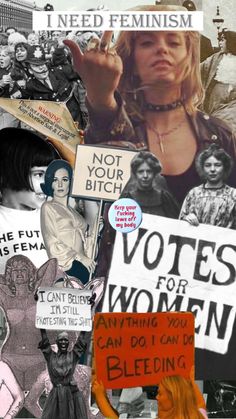 a collage of women holding signs and posters