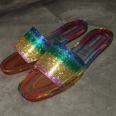 A Sporty New Glamorous Jelly With Rhinestone-Encrusted Surfaces. Perfect Footwear For Lounging By The Pool Or Taking A Stroll Around The Block. Multicolor Slip-on Slides For Summer, Multicolor Rhinestone Bangle, Multicolor Textured Slip-on Sandals, Synthetic Rhinestone Slip-on Sandals, Rhinestone Slides, Multicolor Synthetic Slip-on Flip Flops, Steve Madden Shoes, Pink Yellow, Slide Sandals